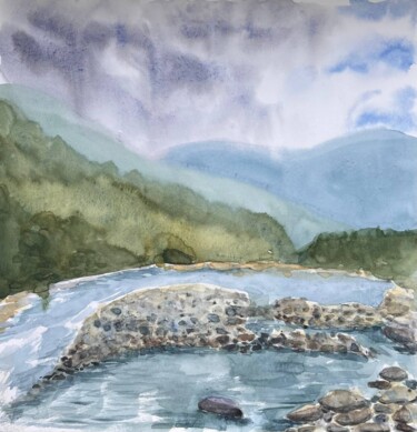 Painting titled "A river in the Carp…" by Olena Zhylenko, Original Artwork, Watercolor