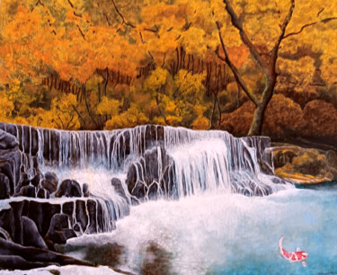 Painting titled "Río de otoño" by Oleos Heiko, Original Artwork, Oil Mounted on Wood Stretcher frame