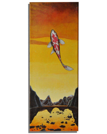Schilderij getiteld "Koi Volcano" door Oleos Heiko, Origineel Kunstwerk, Olie Gemonteerd op Frame voor houten brancard