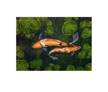 Painting titled "Koi en el estanque" by Oleos Heiko, Original Artwork, Oil Mounted on Wood Panel