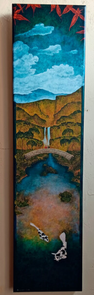 Painting titled "El puente de koi" by Oleos Heiko, Original Artwork, Oil Mounted on Wood Stretcher frame