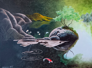 Painting titled "El lago misterioso" by Oleos Heiko, Original Artwork, Oil Mounted on Wood Stretcher frame