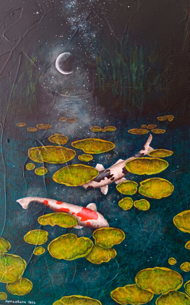 Painting titled "Serenidad del agua" by Oleos Heiko, Original Artwork, Oil Mounted on Wood Panel