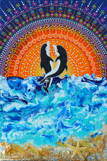 Painting titled "Dolphins Couple Dot…" by Olesea Arts, Original Artwork, Acrylic