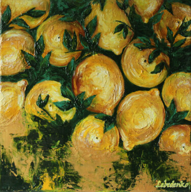 Painting titled "Lemons" by Olesia Lebedenko, Original Artwork, Oil Mounted on Wood Stretcher frame