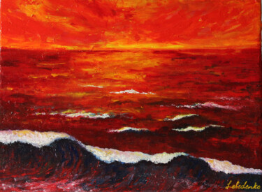 Painting titled "Fiery sunset" by Olesia Lebedenko, Original Artwork, Lacquer Mounted on Wood Stretcher frame