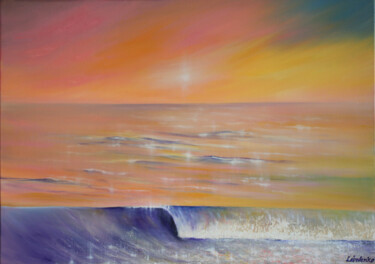 Painting titled "Awesome Sunset - so…" by Olesia Lebedenko, Original Artwork, Oil Mounted on Wood Stretcher frame