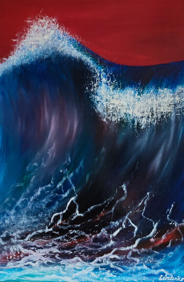 Painting titled "Freak wave - red su…" by Olesia Lebedenko, Original Artwork, Oil Mounted on Wood Stretcher frame