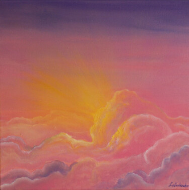 Painting titled "Light Rays - pink s…" by Olesia Lebedenko, Original Artwork, Oil Mounted on Wood Stretcher frame