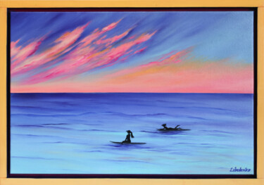 Painting titled "Sea Vibes- girls, s…" by Olesia Lebedenko, Original Artwork, Oil Mounted on Wood Stretcher frame