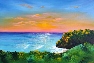 Painting titled "Sunset Sea Bay - Ye…" by Olesia Lebedenko, Original Artwork, Oil Mounted on Wood Stretcher frame