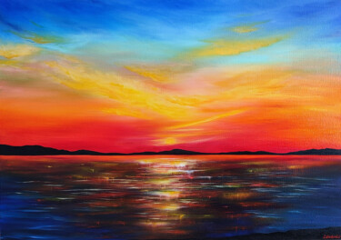 Painting titled "Bright sunset - gol…" by Olesia Lebedenko, Original Artwork, Oil