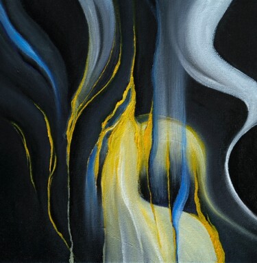 Painting titled "Black art, yellow l…" by Olesia Lebedenko, Original Artwork, Oil Mounted on Wood Stretcher frame