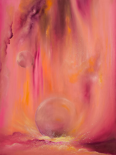 Painting titled "Peach Fuzz, fire pl…" by Olesia Lebedenko, Original Artwork, Oil Mounted on Wood Stretcher frame