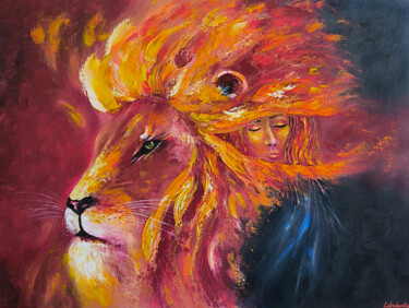 Painting titled "Lion, Fire color, p…" by Olesia Lebedenko, Original Artwork, Oil Mounted on Wood Stretcher frame