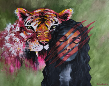 Painting titled "Tiger, woman, girl,…" by Olesia Lebedenko, Original Artwork, Oil Mounted on Wood Stretcher frame