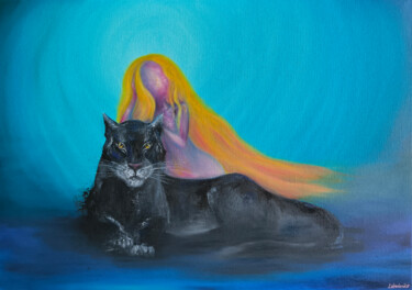 Painting titled "Black panther, spac…" by Olesia Lebedenko, Original Artwork, Oil Mounted on Wood Stretcher frame