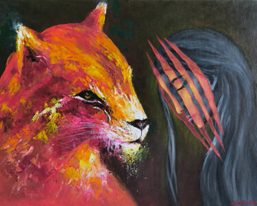 Peinture intitulée "cougar, cat, girl,…" par Olesia Lebedenko, Œuvre d'art originale, Huile Monté sur Châssis en bois