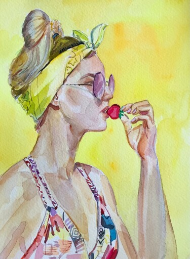 Ζωγραφική με τίτλο "девушка с клубникой" από Olesia Lishaeva, Αυθεντικά έργα τέχνης, Ακουαρέλα