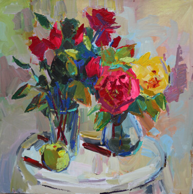 Картина под названием "Stil life with roses" - Olesia Lishaeva, Подлинное произведение искусства, Масло Установлен на Деревя…