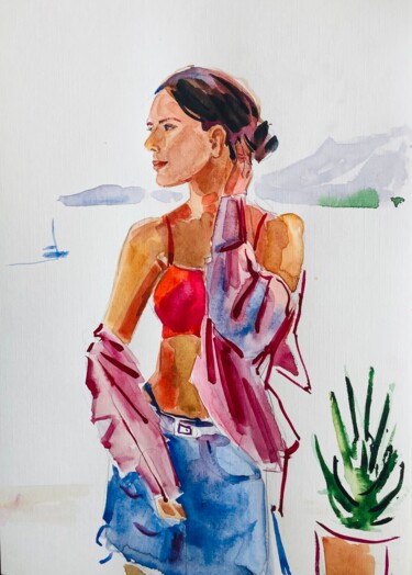 Painting titled "girl and yacht" by Olesia Lishaeva, Original Artwork, Watercolor