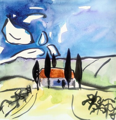 Pittura intitolato "house in the vineya…" da Olesia Lishaeva, Opera d'arte originale, Acquarello