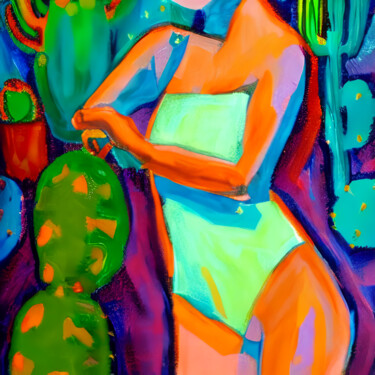 Painting titled "трогающая кактус" by Olesia Lishaeva, Original Artwork, Acrylic