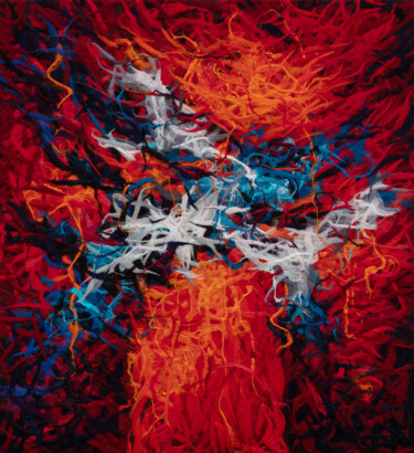 Ζωγραφική με τίτλο "Red energy" από Olesia Tkachenko, Αυθεντικά έργα τέχνης, Υφαντικές ίνες Τοποθετήθηκε στο Ξύλινο φορείο σ…