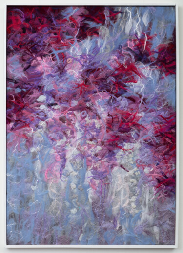 Painting titled "“In Lilac Embraces”" by Olesia Tkachenko, Original Artwork, Textile fiber Mounted on Wood Stretcher frame