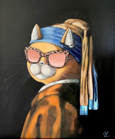 Painting titled "Cat with a Pearl Ea…" by Olesya Izmaylova, Original Artwork, Acrylic Mounted on Wood Stretcher frame