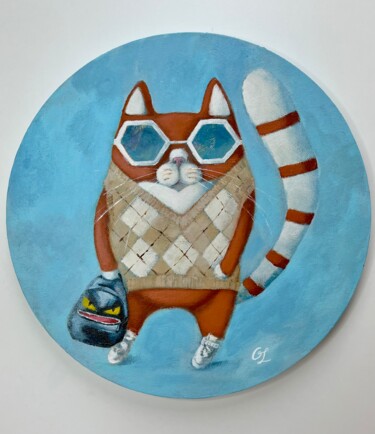 Painting titled "Posh - cat, fashion…" by Olesya Izmaylova, Original Artwork, Acrylic Mounted on Wood Stretcher frame