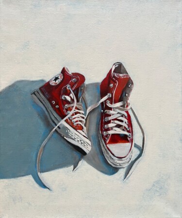 Painting titled "Red Converse in the…" by Olesya Izmaylova, Original Artwork, Acrylic Mounted on Wood Stretcher frame