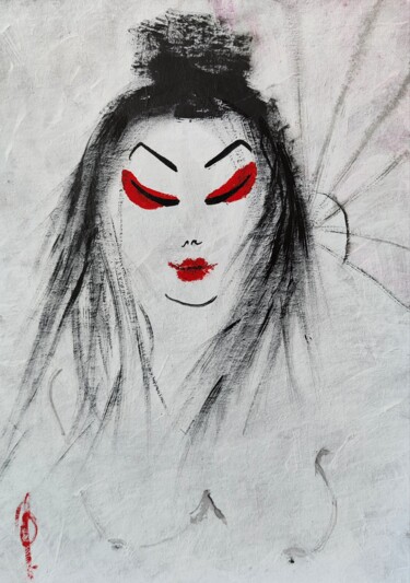 Картина под названием "Geisha with umbrella" - Olesya Nikolaeva, Подлинное произведение искусства, Чернила