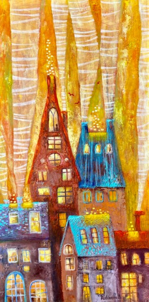 Картина под названием "HONEY SUNSET" - Olesya Rubinova, Подлинное произведение искусства, Масло Установлен на Деревянная рам…