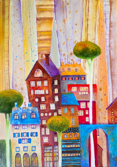 「WHIMSICAL CITY UNDE…」というタイトルの絵画 Olesya Rubinovaによって, オリジナルのアートワーク, オイル ウッドストレッチャーフレームにマウント