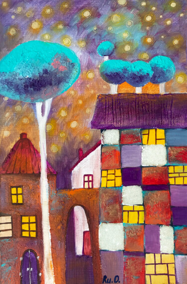 Painting titled "HARLEQUIN HOUSE" by Olesya Rubinova, Original Artwork, Oil Mounted on Wood Stretcher frame