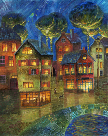 Painting titled "NIGHT HOUSES" by Olesya Rubinova, Original Artwork, Oil Mounted on Wood Stretcher frame