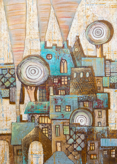 Painting titled "OLD TOWN" by Olesya Rubinova, Original Artwork, Acrylic Mounted on Wood Stretcher frame