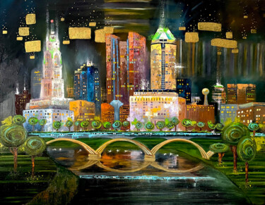 Malarstwo zatytułowany „COLUMBUS CITY” autorstwa Olesya Rubinova, Oryginalna praca, Olej Zamontowany na Drewniana rama noszy