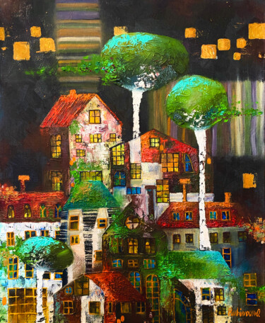 Painting titled "NIGHT CITY DREAM" by Olesya Rubinova, Original Artwork, Oil Mounted on Wood Stretcher frame