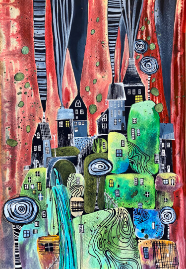 Painting titled "STONE CITY" by Olesya Rubinova, Original Artwork, Watercolor