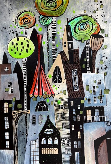 Malerei mit dem Titel "WHIMSICAL CITY" von Olesya Rubinova, Original-Kunstwerk, Aquarell