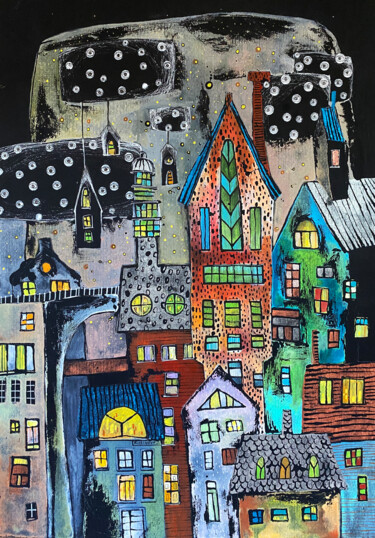 Schilderij getiteld "COLORFUL CITY" door Olesya Rubinova, Origineel Kunstwerk, Aquarel