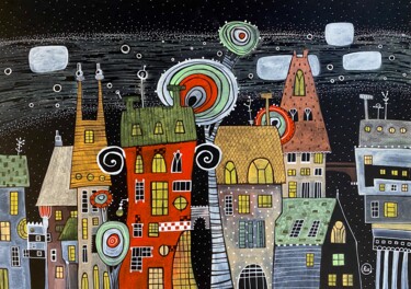 Malerei mit dem Titel "HAPPY CITY" von Olesya Rubinova, Original-Kunstwerk, Aquarell