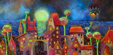 Картина под названием "NEON NIGHT" - Olesya Rubinova, Подлинное произведение искусства, Масло Установлен на Деревянная рама…