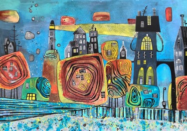 Peinture intitulée "SEA TOWN" par Olesya Rubinova, Œuvre d'art originale, Aquarelle