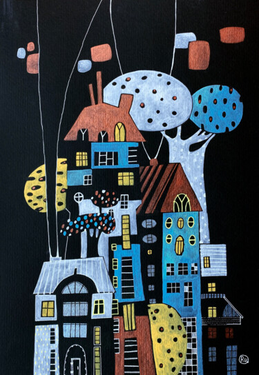 Pintura titulada "WHIMSICAL HOUSES" por Olesya Rubinova, Obra de arte original, Acuarela