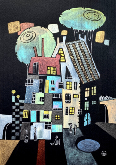 Malerei mit dem Titel "WEIRD CITY" von Olesya Rubinova, Original-Kunstwerk, Aquarell