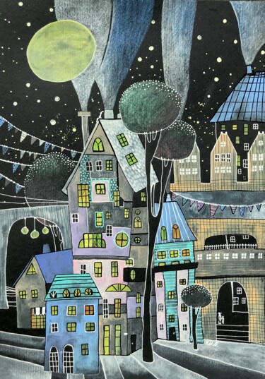 Schilderij getiteld "HOLIDAY CITY" door Olesya Rubinova, Origineel Kunstwerk, Aquarel