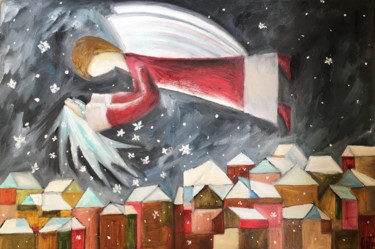 「Angel over the city」というタイトルの絵画 Olesya Turukinaによって, オリジナルのアートワーク, オイル ウッドストレッチャーフレームにマウント